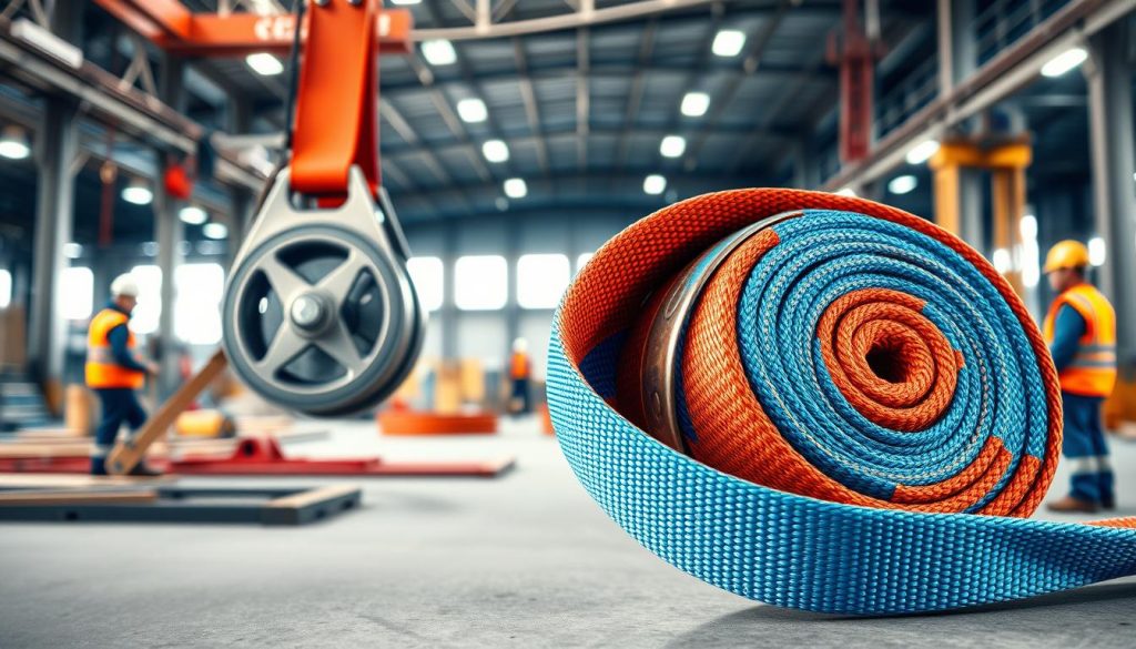 A photorealistic image of a high-quality webbing sling spanset, displayed prominently in the foreground, showcasing its vibrant colors and sturdy texture. The sling should be slightly coiled to emphasize its flexibility and strength, with close-up details revealing its stitching and load-bearing features. In the middle ground, depict industrial lifting equipment, such as a pulley system, partially out of focus to create depth. The background should feature a well-lit construction site, with workers in professional safety attire engaged in lifting tasks, ensuring a dynamic and safe working atmosphere. Use soft, natural lighting to enhance the clarity of the materials, capturing a sense of reliability and safety in lifting applications. The angle should be slightly lower, emphasizing the ruggedness of the sling and its importance in lifting operations.