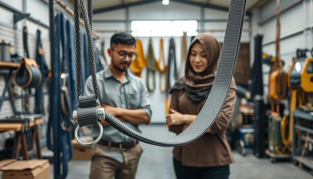A photorealistic image of a kawat sling prominently displayed in a well-lit workshop environment in Yogyakarta. In the foreground, focus on the kawat sling itself, showcasing its texture and intricate details, including the metal components and durable fabric weaving. In the middle, capture a professional male and female in modest casual clothing, inspecting and discussing the sling, reflecting a business-oriented atmosphere. The background features various other heavy-duty webbing slings hanging on a display rack, with tools and machinery subtly visible to provide context. Use soft, natural lighting to create a welcoming and informative mood, emphasized by a shallow depth of field to keep the focus on the kawat sling and the experts. A photorealistic image of a kawat sling prominently displayed in a well-lit workshop environment in Yogyakarta. In the foreground, focus on the kawat sling itself, showcasing its texture and intricate details, including the metal components and durable fabric weaving. In the middle, capture a professional male and female in modest casual clothing, inspecting and discussing the sling, reflecting a business-oriented atmosphere. The background features various other heavy-duty webbing slings hanging on a display rack, with tools and machinery subtly visible to provide context. Use soft, natural lighting to create a welcoming and informative mood, emphasized by a shallow depth of field to keep the focus on the kawat sling and the experts.