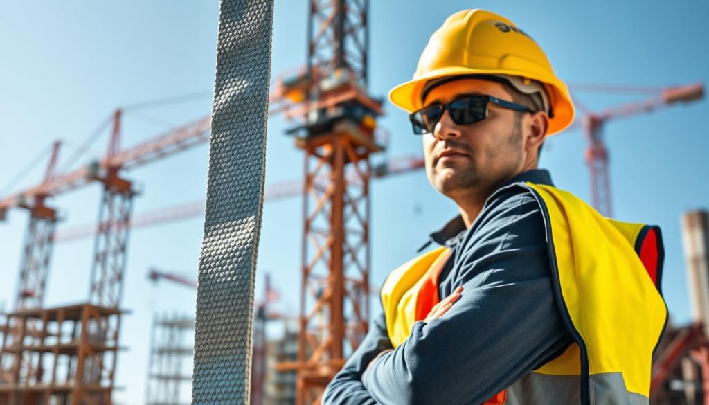 A photorealistic image of a sturdy webbing sling being used in a construction site environment. In the foreground, a well-defined webbing sling is securely wrapped around a heavy load, demonstrating proper technique. In the middle ground, a construction worker dressed in professional safety attire, including a hard hat and reflective vest, supervises the lifting process with focused determination. In the background, a busy construction site is visible, featuring cranes and scaffolding under clear blue skies, emphasizing safety and efficiency. The lighting is bright and natural, illuminating the scene with soft shadows, creating a professional and serious atmosphere, showcasing the importance of safe lifting practices with webbing slings.