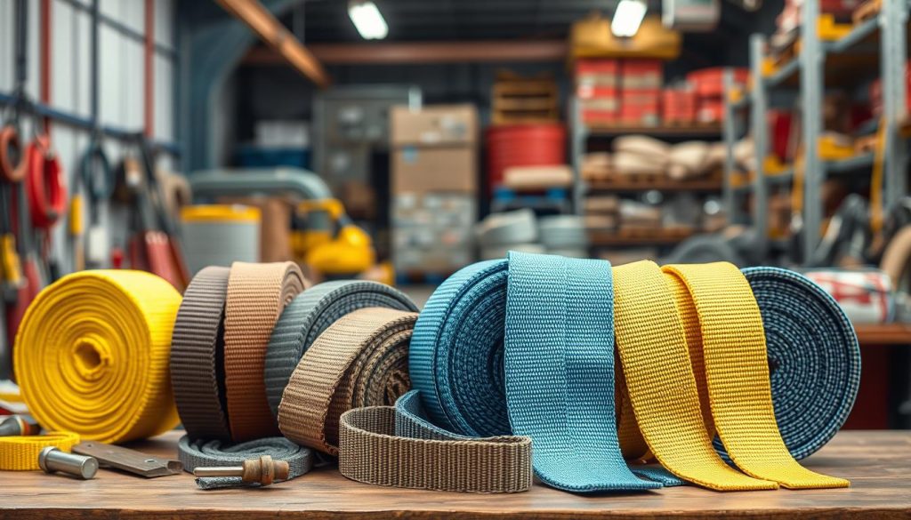 A photorealistic image of a variety of webbing slings displayed prominently in the foreground, showcasing different capacities, lengths, and materials. Each sling is neatly coiled or laid out to highlight its texture and color, with a focus on their durability and design features. The middle ground features a workbench environment, with tools and safety gear subtly placed to indicate their use in an industrial setting. The background includes a soft-focus image of a warehouse or storage area filled with lifting gear, enhancing the theme of heavy-duty equipment. The lighting is bright and even, emphasizing the details of the webbing slings, and the atmosphere is professional and functional, reflecting a commercial setting for lifting solutions.