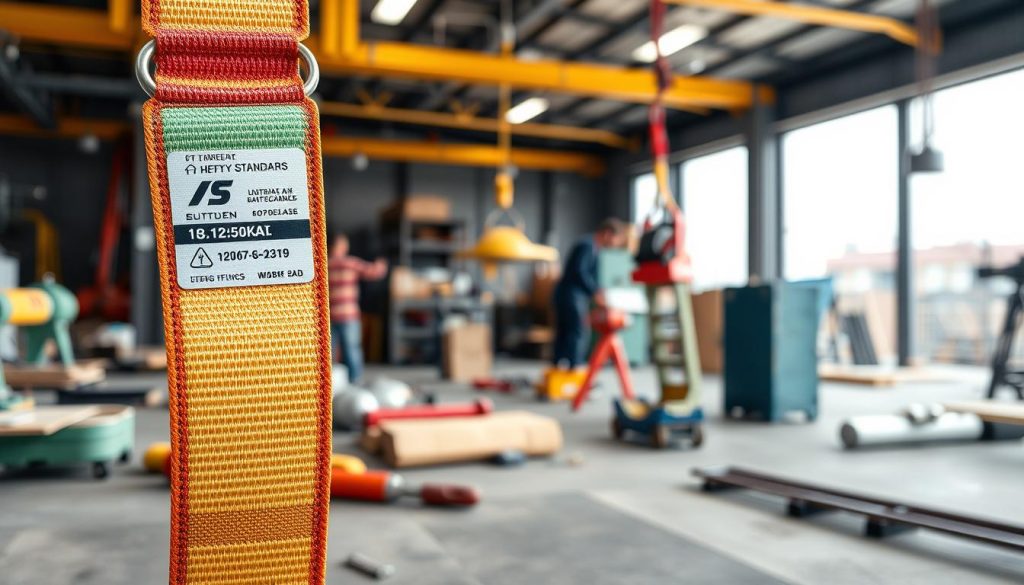 A photorealistic image of a webbing sling designed for heavy lifting, prominently displayed in the foreground. The sling features vibrant colors with technical labeling indicating its strength capacity and safety standards. In the middle ground, there are industrial tools and equipment, suggesting a workshop environment, reflecting a sense of professionalism and safety. The background includes a blurred view of a construction site, enhancing the context. Soft, natural lighting illuminates the scene, with slight shadows to add depth, creating an atmosphere of reliability and durability. The image should have a clear angle, focusing on the webbing sling's material texture, showcasing its robustness and quality, without any text or logos.