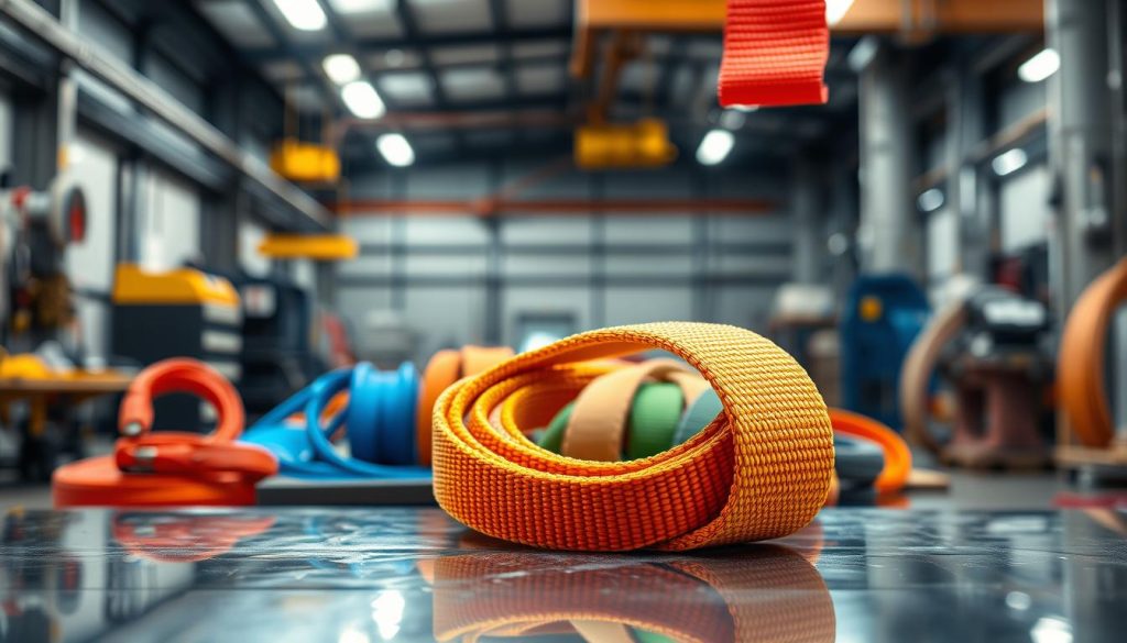 A photorealistic image of a webbing sling displayed prominently in the foreground, showcasing its vibrant color and intricate texture. The sling should be positioned on a sturdy, reflective surface, highlighting its material quality. In the middle ground, various other webbing slings of different lengths and colors can be slightly blurred, creating an impression of a well-stocked display. The background features a softly lit industrial setting emanating a sense of professionalism and safety, with tools and equipment subtly out of focus. The lighting is bright yet diffused, casting soft shadows that enhance the details of the slings. The overall mood is one of reliability and strength, perfect for emphasizing the durability and lightweight nature of the webbing sling. A photorealistic image of a webbing sling displayed prominently in the foreground, showcasing its vibrant color and intricate texture. The sling should be positioned on a sturdy, reflective surface, highlighting its material quality. In the middle ground, various other webbing slings of different lengths and colors can be slightly blurred, creating an impression of a well-stocked display. The background features a softly lit industrial setting emanating a sense of professionalism and safety, with tools and equipment subtly out of focus. The lighting is bright yet diffused, casting soft shadows that enhance the details of the slings. The overall mood is one of reliability and strength, perfect for emphasizing the durability and lightweight nature of the webbing sling.