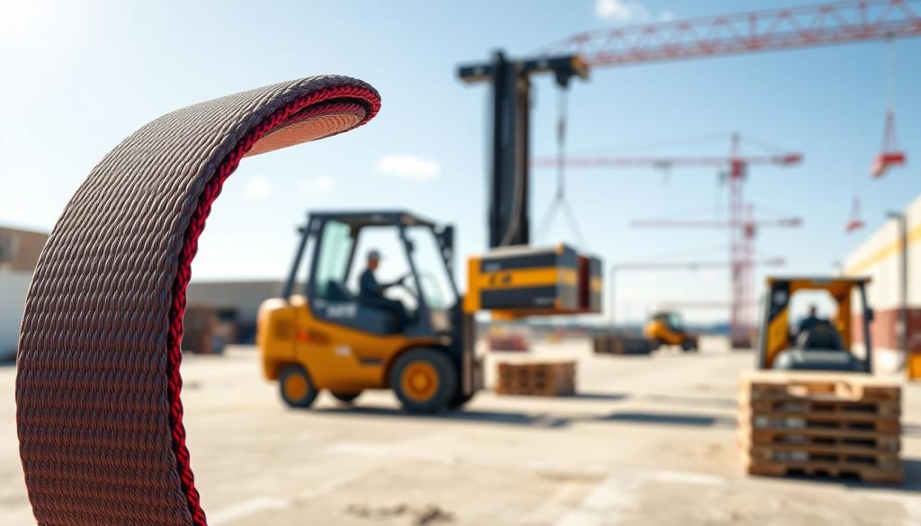 A photorealistic image of a webbing sling, prominently displayed in the foreground, showcasing its durable texture and vibrant colors—specifically a heavy-duty sling made of nylon, designed for lifting and securing loads. In the middle ground, illustrate a construction site environment where the sling is used, with subtle details such as a forklift and various loads being lifted, reflecting its practical applications. The background should feature a sunny outdoor setting, with a clear blue sky and distant machinery, enhancing the scene's authenticity. Use natural lighting to highlight the colors and textures, capturing the essence of industrial work. The overall mood should convey reliability and strength, suitable for a professional audience.