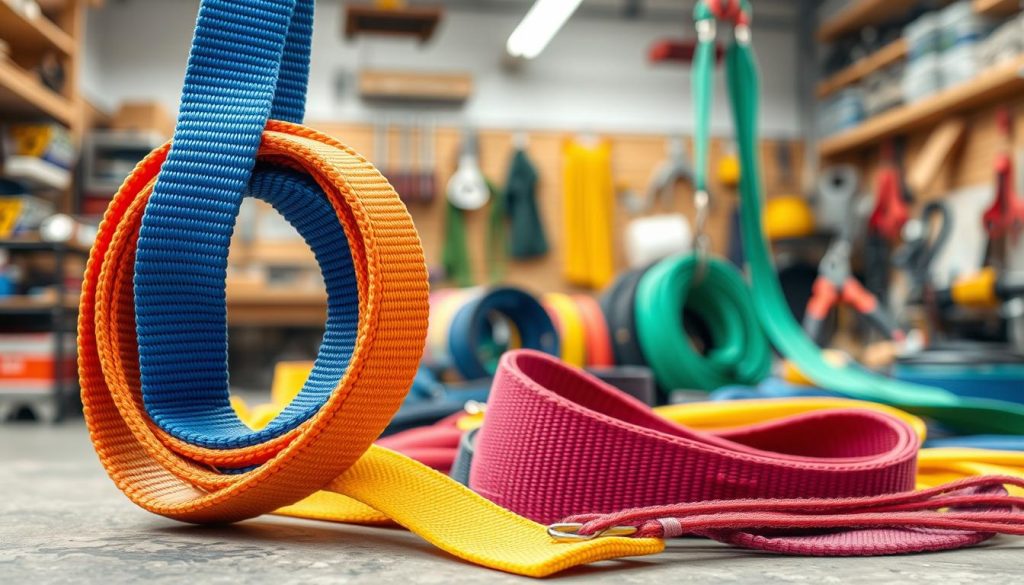 A photorealistic image of a webbing sling prominently displayed in the foreground, showcasing its vibrant colors and detailed texture. The sling should appear robust, emphasizing its flexibility and strength, with close-up shots that highlight the stitching and material quality. In the middle ground, various types of webbing slings should be arranged, illustrating the different options available for sale, with some lying flat and others draped to reveal their versatility. The background should feature a workshop setting with tools and equipment, softly blurred to ensure focus on the webbing slings. The lighting should be natural, simulating a bright and inviting environment, conveying a mood of professionalism and reliability. The angle should be slightly elevated to capture the depth and variety of the slings. A photorealistic image of a webbing sling prominently displayed in the foreground, showcasing its vibrant colors and detailed texture. The sling should appear robust, emphasizing its flexibility and strength, with close-up shots that highlight the stitching and material quality. In the middle ground, various types of webbing slings should be arranged, illustrating the different options available for sale, with some lying flat and others draped to reveal their versatility. The background should feature a workshop setting with tools and equipment, softly blurred to ensure focus on the webbing slings. The lighting should be natural, simulating a bright and inviting environment, conveying a mood of professionalism and reliability. The angle should be slightly elevated to capture the depth and variety of the slings.