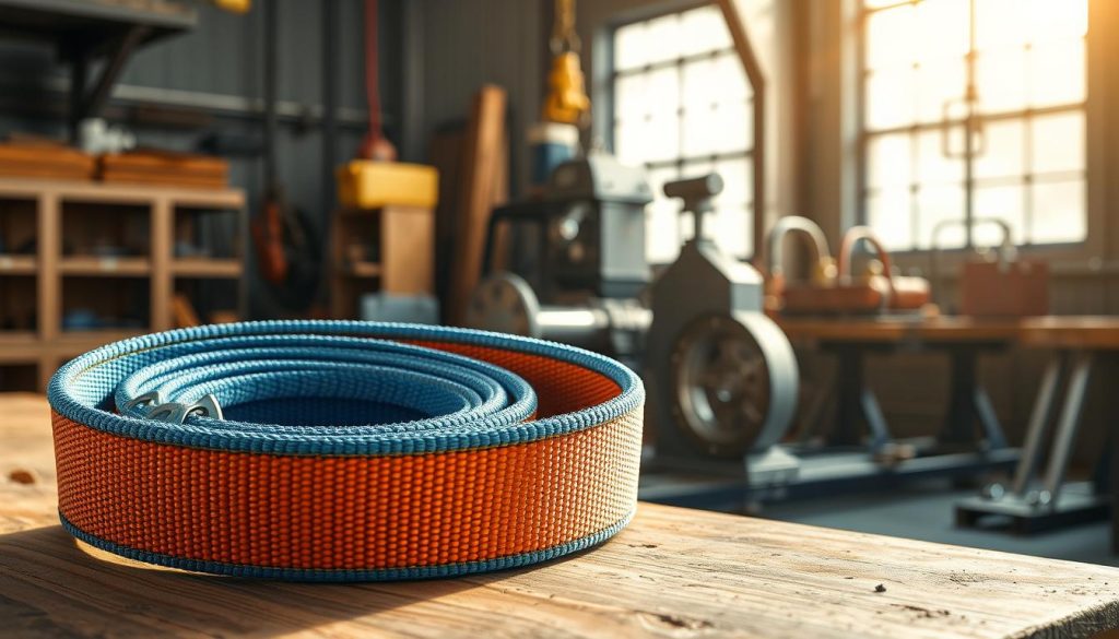 A photorealistic image of a webbing sling prominently displayed in the foreground, showcasing its vibrant color and detailed texture. The sling should be positioned on a wooden workbench, with sunlight streaming in from a nearby window, creating natural highlights and shadows that enhance the material's characteristics. In the middle background, a set of robust industrial tools and equipment can be seen, subtly emphasizing its use in heavy-duty applications. The background should be slightly out of focus to keep the attention on the sling. Capture the essence of durability and premium quality in a professional setting, evoking a sense of reliability and strength, ideal for illustrating the features of a high-quality webbing sling. The atmosphere should feel grounded and industrial, suitable for a work environment.