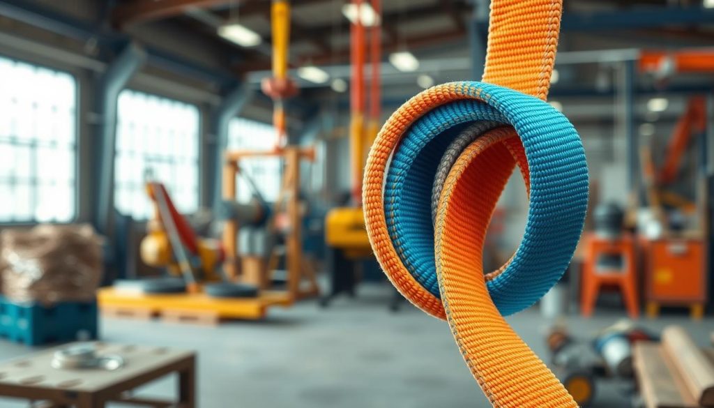 A photorealistic image of a webbing sling prominently displayed in the foreground, showcasing its vibrant colors and texture. The sling is shown in a natural, slightly twisted position to highlight its strong material and stitching details. In the middle ground, a soft-focused industrial setting is visible, with tools and materials that suggest a construction or rigging environment. The background features a subtle blur of machinery and equipment, suggesting a busy workshop. The lighting is bright and even, simulating daylight to enhance the colors and details of the sling, while casting gentle shadows for depth. The overall mood conveys professionalism and reliability, emphasizing the quality of the product.