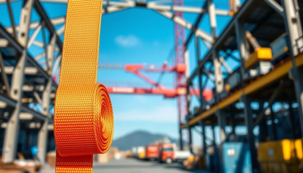A photorealistic image of a webbing sling spanset, prominently displayed in the foreground. The sling should be vividly detailed, showcasing its strong, textured fabric and bright color. In the middle ground, incorporate a sturdy industrial setting, like a warehouse or construction site, with metal beams and equipment subtly blurred. In the background, hint at a blue sky or distant skyline to provide context. Use natural lighting to highlight the sling’s features, casting soft shadows for depth. The camera angle should be slightly low to emphasize the strength and utility of the sling, creating an atmosphere of safety and reliability in lifting operations. The overall tone should convey professionalism and trust in industrial lifting solutions.