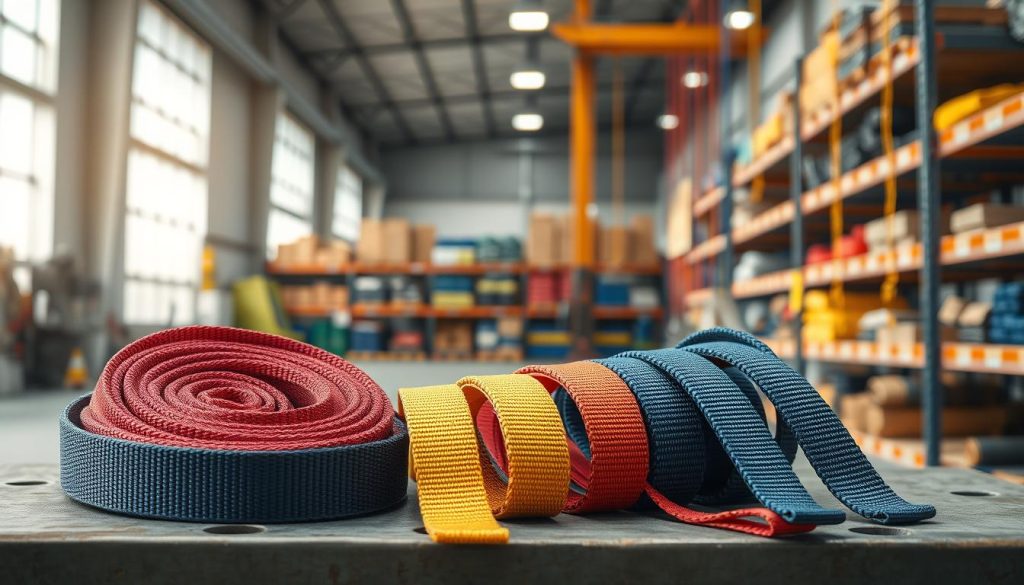 A photorealistic image of high-quality webbing slings in a well-lit industrial setting, showcasing their durability and safety features. In the foreground, several vibrant webbing slings are neatly coiled and displayed on a sturdy workbench, highlighting their texture and stitching details. The middle ground features a blurred view of a modern warehouse with shelves stocked with various types and colors of slings, emphasizing the concept of standards and quality certifications. The background shows soft, diffused natural light streaming in through large windows, creating an atmosphere of professionalism and safety. The angle is slightly elevated, capturing the intricate designs and strong materials of the slings while ensuring the entire scene feels both inviting and informative. A photorealistic image of high-quality webbing slings in a well-lit industrial setting, showcasing their durability and safety features. In the foreground, several vibrant webbing slings are neatly coiled and displayed on a sturdy workbench, highlighting their texture and stitching details. The middle ground features a blurred view of a modern warehouse with shelves stocked with various types and colors of slings, emphasizing the concept of standards and quality certifications. The background shows soft, diffused natural light streaming in through large windows, creating an atmosphere of professionalism and safety. The angle is slightly elevated, capturing the intricate designs and strong materials of the slings while ensuring the entire scene feels both inviting and informative.