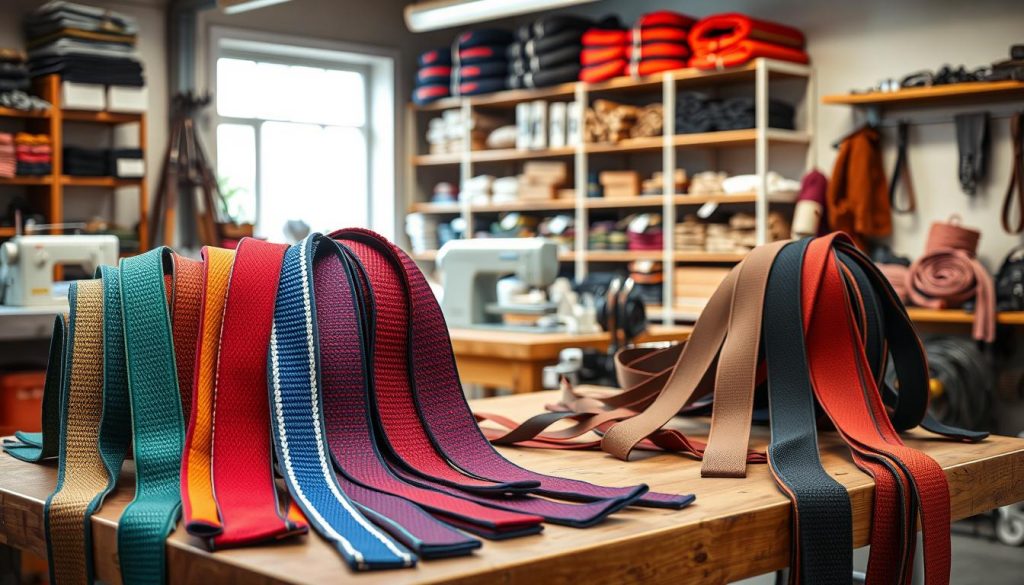 A photorealistic image of various webbing sling designs displayed prominently in a well-lit workshop environment. In the foreground, focus on several types of colorful webbing slings with different patterns and textures, draped neatly over a sturdy workbench. In the middle, include tools needed for sling assembly, like sewing machines and straps, showcasing productivity. The background should feature shelves stacked with additional slings and accessories, softly blurred to emphasize the foreground. Natural light filters through a nearby window, casting gentle shadows and highlighting the vibrant colors and intricate details of the slings. The overall mood is professional and industrious, capturing the essence of a specialized crafting space. A photorealistic image of various webbing sling designs displayed prominently in a well-lit workshop environment. In the foreground, focus on several types of colorful webbing slings with different patterns and textures, draped neatly over a sturdy workbench. In the middle, include tools needed for sling assembly, like sewing machines and straps, showcasing productivity. The background should feature shelves stacked with additional slings and accessories, softly blurred to emphasize the foreground. Natural light filters through a nearby window, casting gentle shadows and highlighting the vibrant colors and intricate details of the slings. The overall mood is professional and industrious, capturing the essence of a specialized crafting space.
