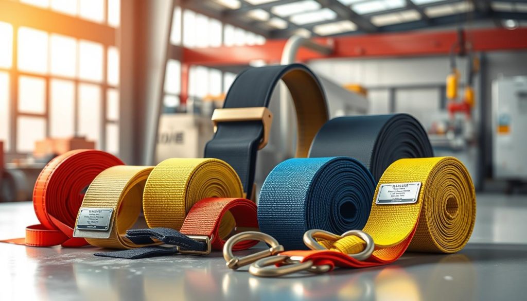 A photorealistic image of various webbing slings and sling belts displayed prominently on a clean, professional surface. In the foreground, showcase a selection of brightly colored webbing slings in different widths and lengths, with detailed stitching and labels indicating their specifications, such as load capacity and material type. The middle ground features an assortment of sling belts, demonstrating their flexibility and strength, arranged neatly. The background should appear as a modern industrial setting, softly lit with natural light filtering in from a nearby window, casting gentle shadows. The overall mood should convey professionalism and reliability, ideal for a technical article on high-quality lifting equipment.