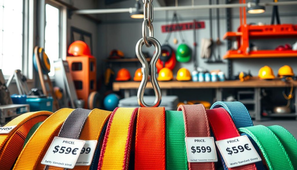 A photorealistic image of various webbing slings in an industrial setting. In the foreground, showcase a range of colorful webbing slings, each labeled with clear price tags to emphasize competitive pricing. The middle ground should feature a sturdy metal hook and a soft-focus background of a well-lit workshop with safety equipment such as helmets and gloves displayed on a workbench, enhancing the theme of safety standards. Natural light filters in through a window, casting soft shadows that add depth. The atmosphere should convey professionalism and trust, illustrating a secure environment for handling heavy loads. The angle should be slightly elevated to capture all elements effectively, providing a clear view of the slings and their pricing.
