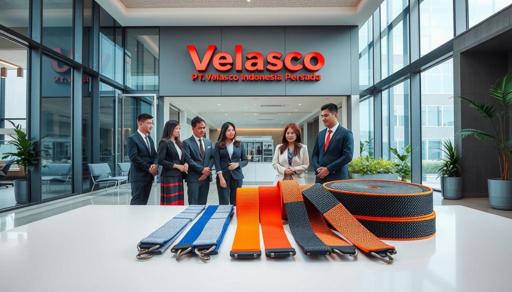 A photorealistic image showcasing a modern office building representing "PT. Velasco Indonesia Persada" in Roa Malaka, Jakarta Barat. In the foreground, feature a diverse team of professionals in business attire discussing webbing slings, with vibrant samples displayed on a sleek table. The middle ground includes the contemporary office's stylish interior design, with large windows allowing natural light to illuminate the space. In the background, the building’s exterior displays the company logo prominently. Capture the scene with a wide-angle lens, focusing on the teamwork and dedication of the professionals. Use soft, bright lighting to create an inviting atmosphere, emphasizing the company's experience and reliability as a distributor of webbing slings.