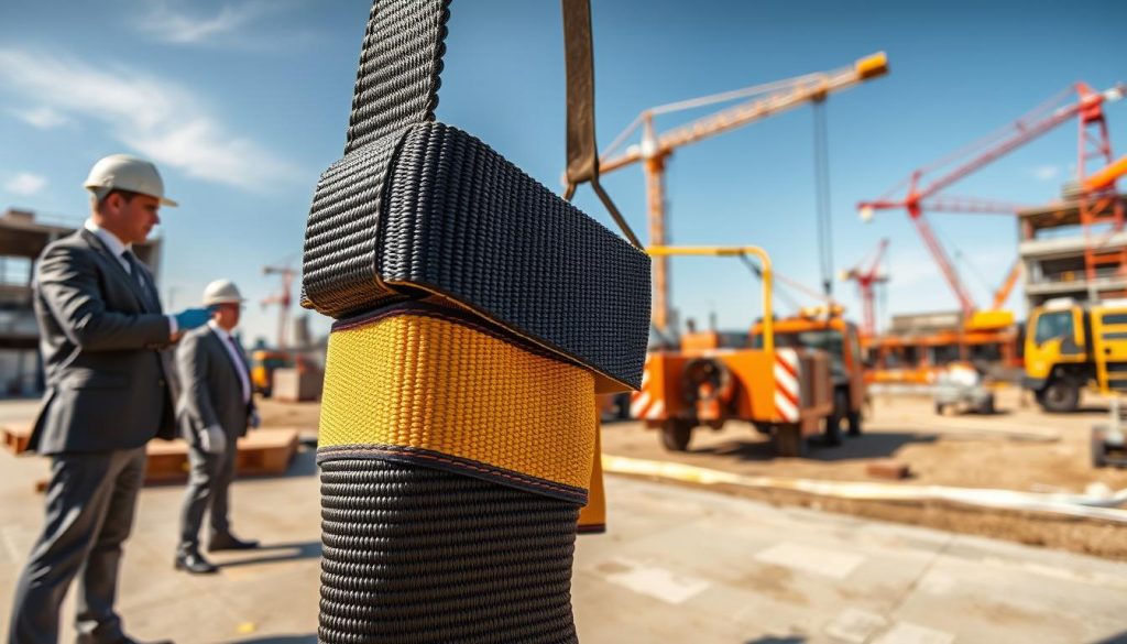 A photorealistic image showcasing a webbing sling application in an industrial setting. In the foreground, a sturdy webbing sling is being used to lift heavy equipment, demonstrating its strength and versatility. Workers in professional business attire are seen coordinating the lift, wearing safety helmets and gloves, ensuring a safe operational environment. In the middle ground, a construction site is visible, with cranes and machinery actively engaged in industrial tasks. The background features a clear blue sky, giving a sense of openness and productivity. The scene is well-lit, with natural daylight illuminating the details of the webbing sling and the equipment, creating a vibrant and dynamic atmosphere that reflects daily operations in various industries.