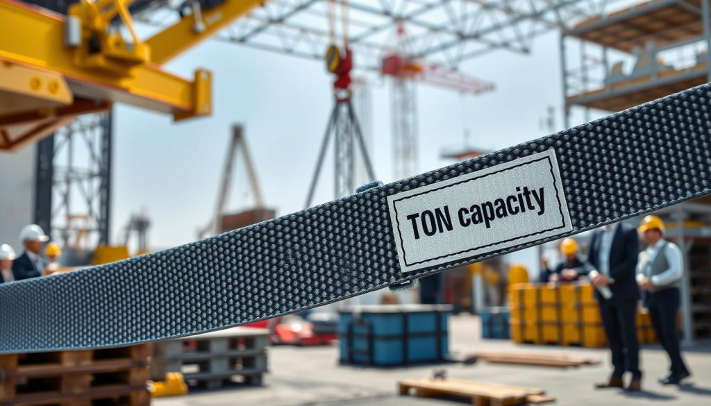 A photorealistic image showcasing a webbing sling with a clearly visible capacity ton label. In the foreground, focus on the webbing sling, highlighting its strong weave and secure fastening mechanisms, symbolizing reliability and safety. The middle ground features a well-organized industrial setting with weights being lifted by a crane, demonstrating the application of the sling in action. In the background, a construction site is visible, with machinery and workers in professional business attire, emphasizing a professional atmosphere. Bright, natural lighting illuminates the scene, casting soft shadows and enhancing the details of the materials. The overall mood is one of professionalism and safety in heavy lifting. A photorealistic image showcasing a webbing sling with a clearly visible capacity ton label. In the foreground, focus on the webbing sling, highlighting its strong weave and secure fastening mechanisms, symbolizing reliability and safety. The middle ground features a well-organized industrial setting with weights being lifted by a crane, demonstrating the application of the sling in action. In the background, a construction site is visible, with machinery and workers in professional business attire, emphasizing a professional atmosphere. Bright, natural lighting illuminates the scene, casting soft shadows and enhancing the details of the materials. The overall mood is one of professionalism and safety in heavy lifting.