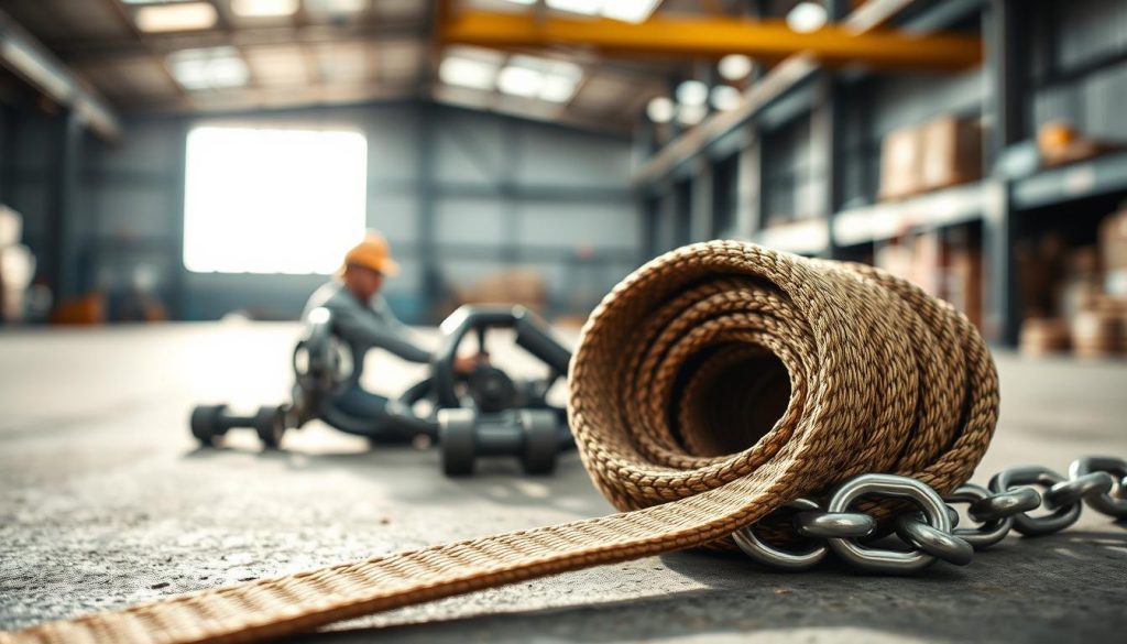 A photorealistic image showcasing the advantages of a webbing sling in comparison to wire rope slings and chain slings. In the foreground, a strong, textured webbing sling is prominently displayed, illustrating its flexibility and durability. The middle ground features a contrasting wire rope sling and a chain sling laid beside it, emphasizing their rigidity and weight. In the background, a well-lit industrial setting with soft sunlight filtering through a warehouse window creates an atmosphere of professionalism and safety. The depth of field should draw focus to the webbing sling while softly blurring the other slings. The mood is informative and engaging, highlighting the unique benefits of using webbing slings in lifting applications. A photorealistic image showcasing the advantages of a webbing sling in comparison to wire rope slings and chain slings. In the foreground, a strong, textured webbing sling is prominently displayed, illustrating its flexibility and durability. The middle ground features a contrasting wire rope sling and a chain sling laid beside it, emphasizing their rigidity and weight. In the background, a well-lit industrial setting with soft sunlight filtering through a warehouse window creates an atmosphere of professionalism and safety. The depth of field should draw focus to the webbing sling while softly blurring the other slings. The mood is informative and engaging, highlighting the unique benefits of using webbing slings in lifting applications.