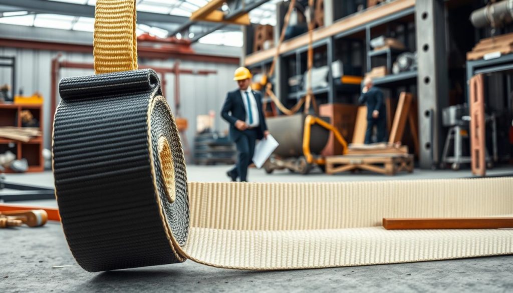 A photorealistic image showcasing the applications of a webbing sling in industrial and daily work environments. In the foreground, a sturdy webbing sling is prominently displayed, illustrating its texture and color detail. The middle ground features a construction site setting, with workers in professional business attire using the sling to secure heavy loads, showcasing teamwork and safety. The background contains various industrial tools and machinery, adding context to the scene. Soft natural lighting illuminates the entire image, creating a professional atmosphere. The camera angle is slightly elevated, capturing both the action of the workers and the depth of the environment while ensuring clarity and focus on the webbing sling.