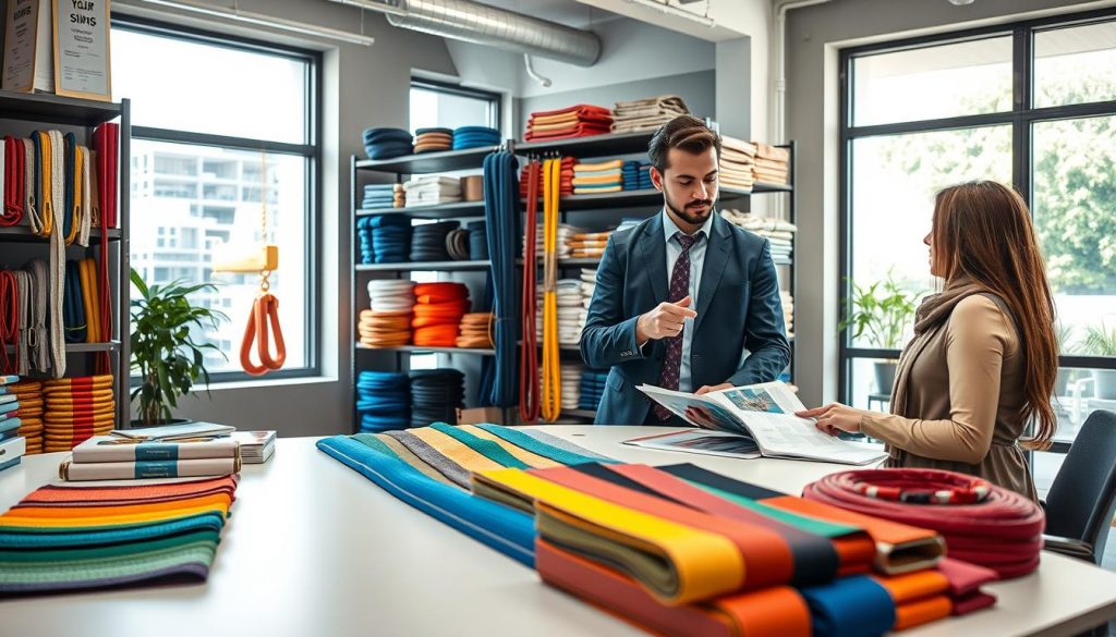 A photorealistic scene depicting a professional setting for ordering webbing slings. In the foreground, a neatly organized desk with samples of colorful webbing slings displayed, showing various widths and textures. A knowledgeable sales representative in smart casual attire engages with a client, pointing at a product catalog. In the middle, various webbing sling stock items line a shelving unit, showcasing their strength and variety. The background features a well-lit office with large windows allowing natural light to illuminate the space, creating an inviting atmosphere. The image captures a sense of professionalism and collaboration, inviting viewers into the process of consultation and ordering webbing slings in Gorontalo, highlighting pricing and customer service.