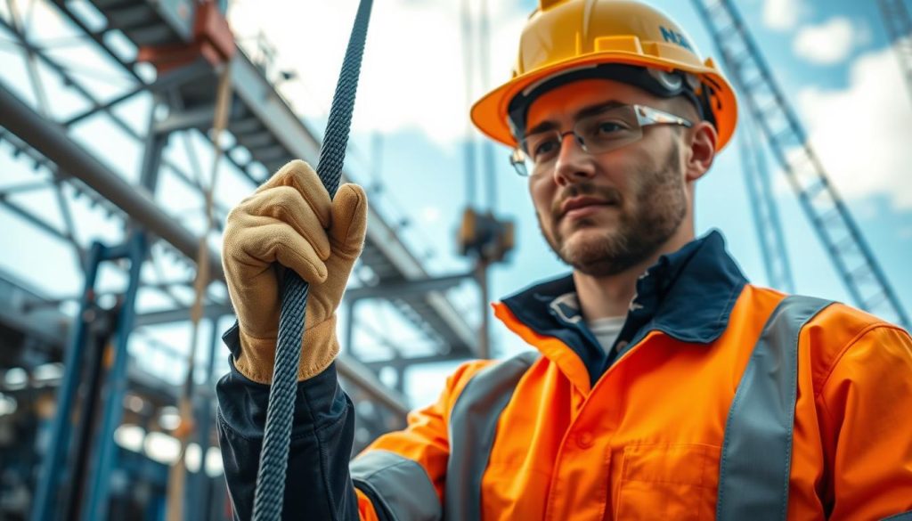 A professional individual demonstrating the safe use of a webbing sling in an industrial setting, wearing a hard hat and safety gloves. In the foreground, the user holds the webbing sling securely, showing proper technique. The middle ground features industrial equipment and rigging points, highlighting the context of safe lifting practices. In the background, a clear sky with soft natural light illuminating the scene, emphasizing safety and professionalism. The composition should focus on the technique and application of the webbing sling, captured with a high-definition lens from a slightly elevated angle, creating a sense of awareness and safety in the workplace. The mood should convey diligence and focus on safety protocols. A professional individual demonstrating the safe use of a webbing sling in an industrial setting, wearing a hard hat and safety gloves. In the foreground, the user holds the webbing sling securely, showing proper technique. The middle ground features industrial equipment and rigging points, highlighting the context of safe lifting practices. In the background, a clear sky with soft natural light illuminating the scene, emphasizing safety and professionalism. The composition should focus on the technique and application of the webbing sling, captured with a high-definition lens from a slightly elevated angle, creating a sense of awareness and safety in the workplace. The mood should convey diligence and focus on safety protocols.