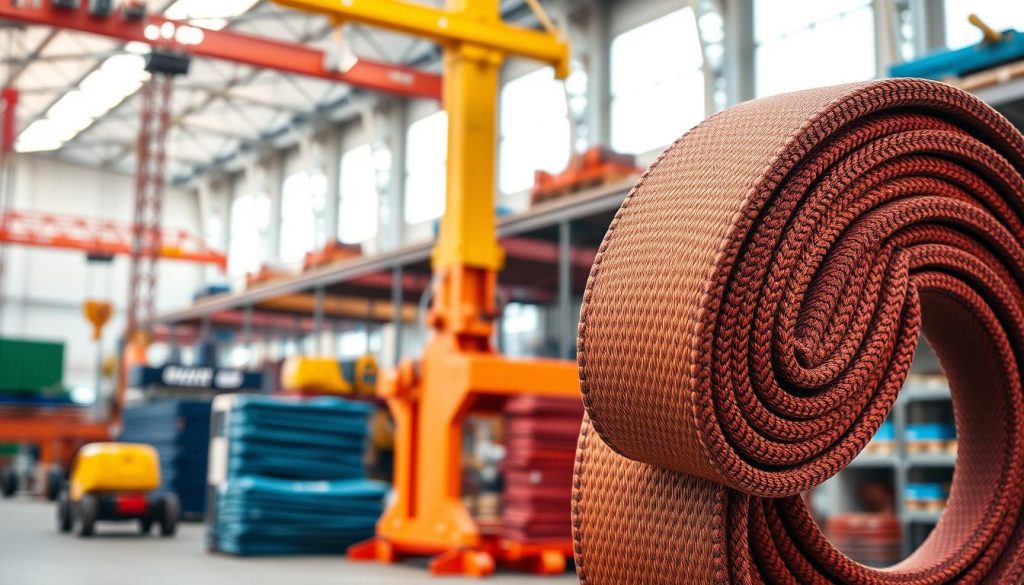 A professional, photorealistic image showcasing a strong and durable webbing sling, prominently displayed in the foreground. The sling should be in vibrant colors, textures visible to emphasize its strength, with accurate stitching details. In the middle, include an array of industrial equipment such as cranes and rigging gear, suggesting an environment of reliable heavy lifting. The background features a well-organized warehouse in Jakarta, hinting at a trustworthy distributor's location. The lighting is bright and even, simulating natural daylight, enhancing the colors and textures of the sling and surrounding equipment. Capture the atmosphere of professionalism and reliability, aimed at users seeking top-quality webbing slings for safe lifting applications.
