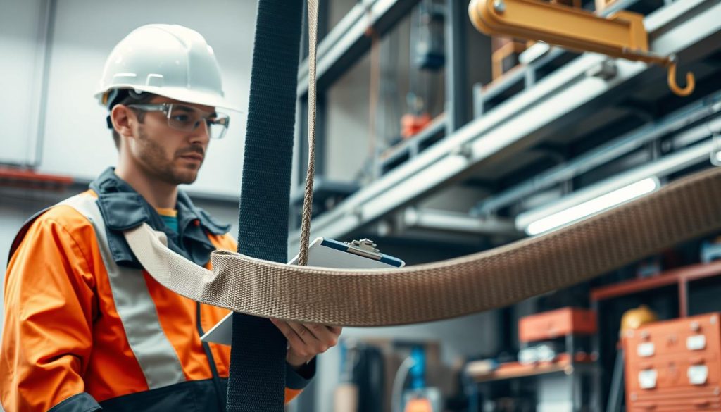 A professional technician in safety gear carefully inspects a webbing sling, demonstrating adherence to safety standards and certification practices in an industrial setting. In the foreground, focus on a high-quality webbing sling draped over a steel beam, highlighting its texture and durability. The middle ground features the technician, with short hair and wearing a hard hat and safety goggles, examining the sling with a clipboard in hand. The background displays a well-lit, organized workshop with tools and equipment, suggesting a safe working environment. Use natural lighting for a realistic effect, and capture the composition from a slightly elevated angle to emphasize the technician's meticulous evaluation. Convey a mood of professionalism and diligence in safety practices. A professional technician in safety gear carefully inspects a webbing sling, demonstrating adherence to safety standards and certification practices in an industrial setting. In the foreground, focus on a high-quality webbing sling draped over a steel beam, highlighting its texture and durability. The middle ground features the technician, with short hair and wearing a hard hat and safety goggles, examining the sling with a clipboard in hand. The background displays a well-lit, organized workshop with tools and equipment, suggesting a safe working environment. Use natural lighting for a realistic effect, and capture the composition from a slightly elevated angle to emphasize the technician's meticulous evaluation. Convey a mood of professionalism and diligence in safety practices.