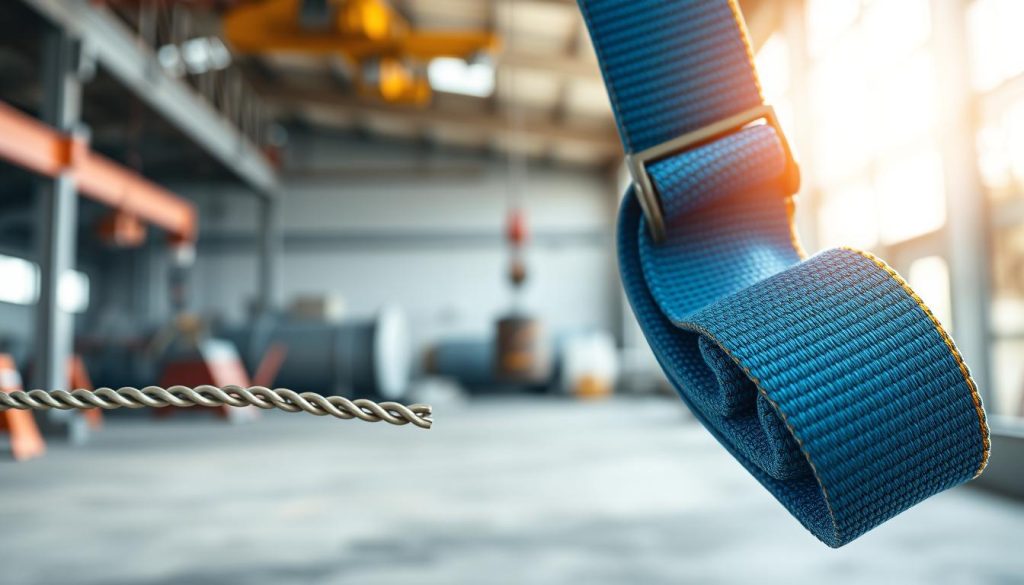 A striking photorealistic image of a webbing sling prominently displayed in the foreground, showcasing its vibrant colors and texture against a neutral backdrop. The sling should be depicted capable of supporting heavy loads, with close-up details emphasizing its robust stitching and reinforcement features. In the middle ground, include a side-by-side comparison with wire rope and chain, highlighting the advantages of the webbing sling through visible wear and tear signs on the alternatives. The background should feature an industrial setting, softly blurred to focus on the slings while maintaining a clean and professional look. Use natural lighting to create a bright atmosphere, with a slight lens vignette to draw attention to the webbing sling's strength and flexibility. Aim for a mood that conveys reliability and innovation in lifting solutions. A striking photorealistic image of a webbing sling prominently displayed in the foreground, showcasing its vibrant colors and texture against a neutral backdrop. The sling should be depicted capable of supporting heavy loads, with close-up details emphasizing its robust stitching and reinforcement features. In the middle ground, include a side-by-side comparison with wire rope and chain, highlighting the advantages of the webbing sling through visible wear and tear signs on the alternatives. The background should feature an industrial setting, softly blurred to focus on the slings while maintaining a clean and professional look. Use natural lighting to create a bright atmosphere, with a slight lens vignette to draw attention to the webbing sling's strength and flexibility. Aim for a mood that conveys reliability and innovation in lifting solutions.