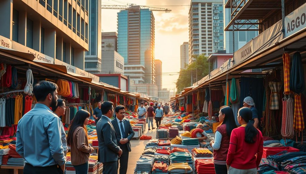 A bustling scene at Roa Malaka, Jakarta, showcasing a vibrant marketplace. In the foreground, a diverse group of professionals in business attire discusses stock availability, surrounded by colorful displays of webbing slings. The middle ground features well-organized stalls filled with various types of webbing slings, highlighting their quality and competitive prices. In the background, modern Jakarta architecture contrasts with traditional market elements, bathed in warm afternoon light. The ambiance is energetic yet professional, emphasizing a sense of urgency in trade and business. The image captures an inviting atmosphere, promoting the concept of complete stock and reliable delivery to Banjarmasin, all in high definition and photorealistic detail. A bustling scene at Roa Malaka, Jakarta, showcasing a vibrant marketplace. In the foreground, a diverse group of professionals in business attire discusses stock availability, surrounded by colorful displays of webbing slings. The middle ground features well-organized stalls filled with various types of webbing slings, highlighting their quality and competitive prices. In the background, modern Jakarta architecture contrasts with traditional market elements, bathed in warm afternoon light. The ambiance is energetic yet professional, emphasizing a sense of urgency in trade and business. The image captures an inviting atmosphere, promoting the concept of complete stock and reliable delivery to Banjarmasin, all in high definition and photorealistic detail.