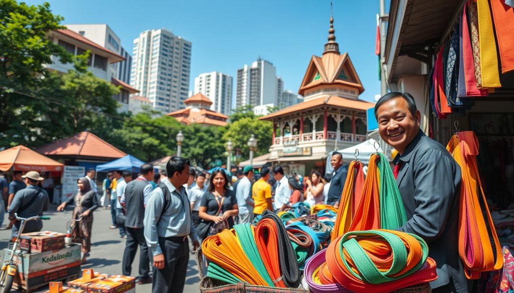 A bustling scene of Roa Malaka in Jakarta, focusing on a busy marketplace. In the foreground, a street vendor with a stall displaying vibrant webbing slings, showcasing their diverse colors and sizes. The vendor, dressed in professional business attire, assists customers while exuding a friendly demeanor. In the middle ground, customers are engaged in discussions, examining the products with keen interest. The background features traditional Indonesian architecture, blending modern buildings with lush greenery under a clear blue sky. The scene is captured in bright, natural lighting to convey a lively and competitive atmosphere. Use a wide-angle lens for a comprehensive view that highlights the market's vitality, creating a sense of community and commerce.