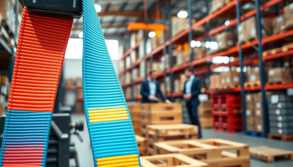 A close-up of a durable webbing sling, brightly colored and intricately woven, showcasing its strength and flexibility. The foreground features the sling draped over industrial equipment, highlighting its robust construction and safety features. In the middle ground, softly blurred workers in professional business attire are using it to lift heavy crates, conveying a sense of teamwork and efficiency. The background reveals a bustling warehouse environment with high shelves and organized stock, bathed in warm, natural lighting that creates a welcoming and productive atmosphere. Captured with a macro lens to emphasize texture and detail, the image reflects reliability and safety in operational settings.