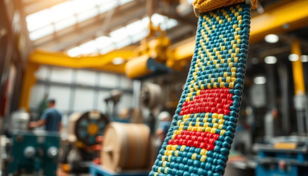 A close-up of a webbing sling, showcasing its vibrant colors and intricate weaving patterns, placed prominently in the foreground. The sling should be depicted in a well-lit, photorealistic style, highlighting its texture and material strength. In the middle ground, display diverse applications such as lifting loads, securing items, or rigging in an industrial setting, with machinery subtly blurred in the background to emphasize the sling's function. Natural lighting subtly illuminates the scene, creating a professional and efficient atmosphere. The angle captures the webbing sling from a slightly overhead perspective, enhancing its features while conveying a sense of reliability and versatility. The image should be clear and high definition, without any text or watermarks.