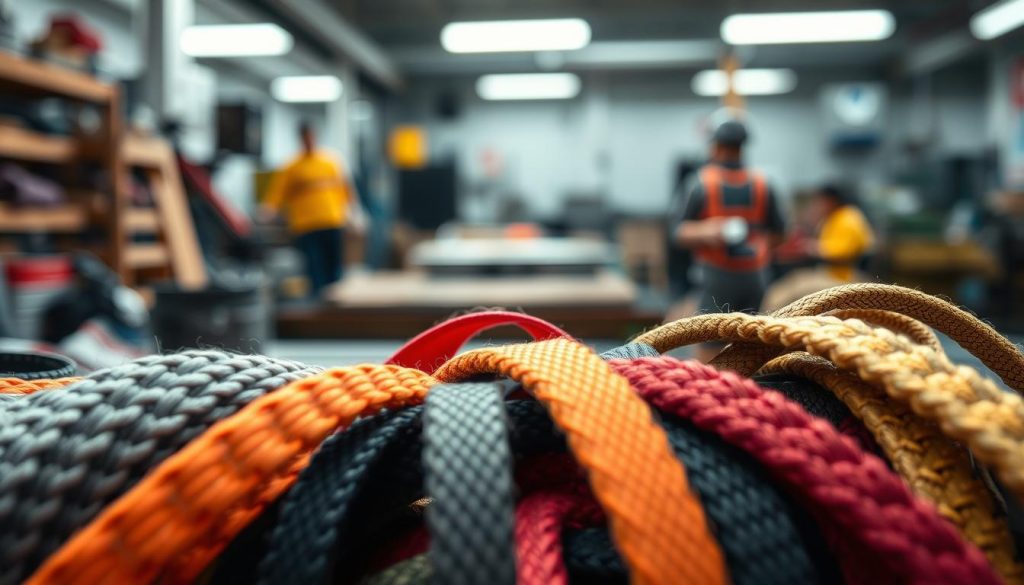 A close-up of various types of webbing materials, showcasing a rich texture and vibrant colors. In the foreground, a selection of polyester, nylon, polypropylene, and Kevlar webbing is artfully arranged, highlighting their unique patterns and weaves. The middle ground features a blurred background that suggests a workshop setting, with tools and machinery subtly out of focus. Soft, natural light illuminates the scene, illuminating the fibers and enhancing their details, while a shallow depth of field draws attention to the material's characteristics. The atmosphere is professional and industrious, capturing the essence of material construction in a photorealistic, high-definition image.