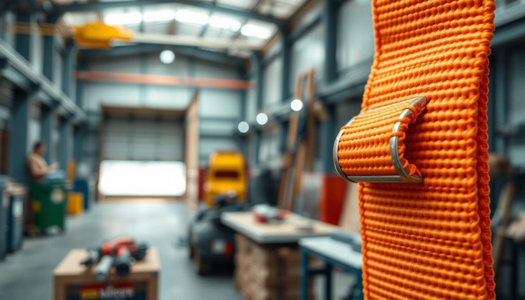 A close-up, photorealistic image of a high-quality Technotex webbing sling, prominently displayed in the foreground. The sling is vibrant, showcasing its robust weaving and durable texture, with a clear focus on its verified safety standards. In the middle ground, include a soft-focus workshop environment, with tools and equipment subtly hinting at its industrial application. The background features a blurred view of a loading dock, evoking a sense of professionalism and safety in an industrial setting. Soft, natural lighting illuminates the scene, enhancing the colors and details of the webbing sling. The angle is slightly above eye level, allowing an intricate view of the sling’s stitching and strength. The overall mood is one of reliability and efficiency, ideal for showcasing this essential product. A close-up, photorealistic image of a high-quality Technotex webbing sling, prominently displayed in the foreground. The sling is vibrant, showcasing its robust weaving and durable texture, with a clear focus on its verified safety standards. In the middle ground, include a soft-focus workshop environment, with tools and equipment subtly hinting at its industrial application. The background features a blurred view of a loading dock, evoking a sense of professionalism and safety in an industrial setting. Soft, natural lighting illuminates the scene, enhancing the colors and details of the webbing sling. The angle is slightly above eye level, allowing an intricate view of the sling’s stitching and strength. The overall mood is one of reliability and efficiency, ideal for showcasing this essential product.