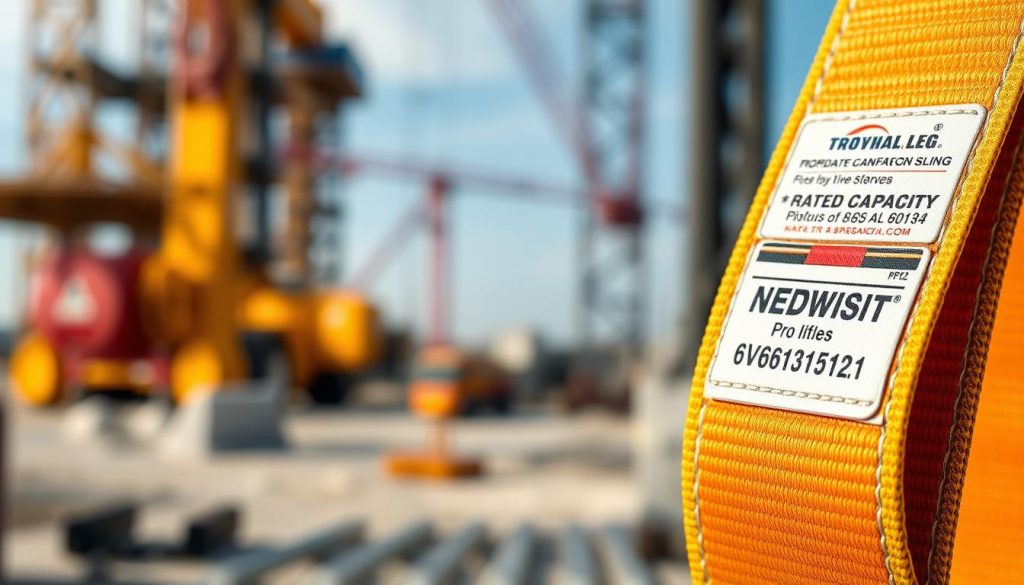 A close-up, photorealistic image of a high-quality webbing sling designed for heavy lifting, displayed prominently in the foreground. The sling should feature vibrant colors, showcasing its robust texture and stitching, with specific details such as the rated capacity label and product code clearly visible. In the middle ground, include a blurred context of a construction site, emphasizing its practical application. Soft, natural lighting casts gentle shadows, simulating an outdoor environment, while a shallow depth of field focuses on the sling. The background should depict subtle hints of equipment and machinery without overwhelming the main subject, creating an atmosphere of industrial strength and reliability.