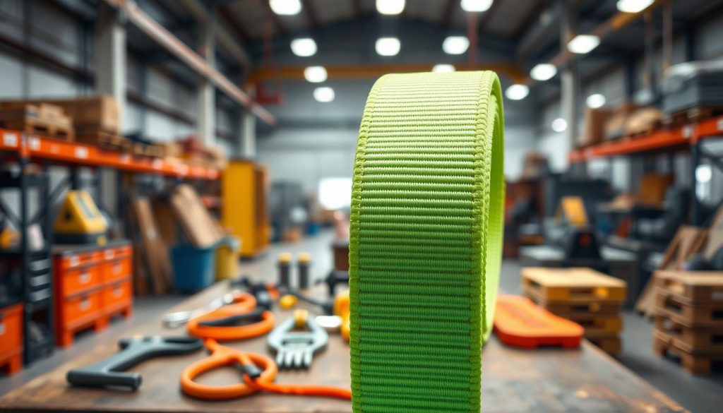 A close-up, photorealistic image of a high-quality webbing sling, displayed prominently in the foreground. The sling is made from durable nylon material, showcasing its texture and vibrant colors such as bright green or orange, with visible stitching and reinforcement details. The middle ground features a workbench in a well-lit warehouse, with tools and other lifting equipment subtly arranged to convey a professional setting. In the background, there are blurred industrial elements such as shelves and machinery, establishing an atmosphere of reliability and quality. The lighting should be bright and natural, highlighting the sling’s features, with a focus on depth of field to draw attention to the webbing sling while maintaining realism and clarity. A close-up, photorealistic image of a high-quality webbing sling, displayed prominently in the foreground. The sling is made from durable nylon material, showcasing its texture and vibrant colors such as bright green or orange, with visible stitching and reinforcement details. The middle ground features a workbench in a well-lit warehouse, with tools and other lifting equipment subtly arranged to convey a professional setting. In the background, there are blurred industrial elements such as shelves and machinery, establishing an atmosphere of reliability and quality. The lighting should be bright and natural, highlighting the sling’s features, with a focus on depth of field to draw attention to the webbing sling while maintaining realism and clarity.