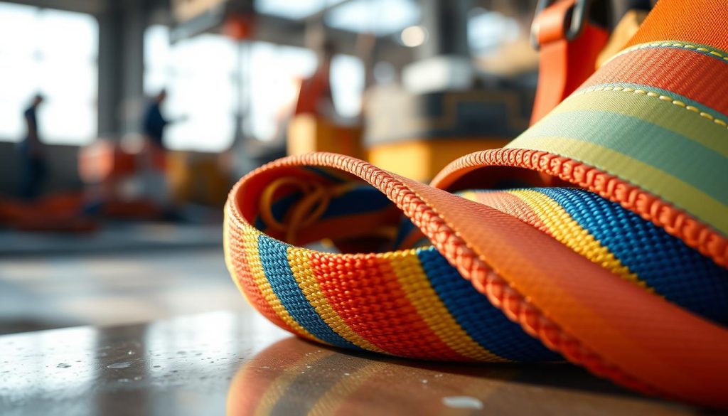 A close-up, photorealistic image of a high-quality webbing sling, displayed prominently in the foreground. The sling should have vibrant colors, showing its texture and stitching details. Surrounding the sling, a soft-focus background of construction equipment and safety gear highlights the context of its use. Natural lighting illuminates the scene, creating subtle reflections on the sling’s surface, evoking a sense of reliability and professionalism. The mood is one of safety and precision, ideal for a technical overview. This image captures the essence of safety and proper usage, aligning with industrial environments, emphasizing the importance of quality in safety equipment. A close-up, photorealistic image of a high-quality webbing sling, displayed prominently in the foreground. The sling should have vibrant colors, showing its texture and stitching details. Surrounding the sling, a soft-focus background of construction equipment and safety gear highlights the context of its use. Natural lighting illuminates the scene, creating subtle reflections on the sling’s surface, evoking a sense of reliability and professionalism. The mood is one of safety and precision, ideal for a technical overview. This image captures the essence of safety and proper usage, aligning with industrial environments, emphasizing the importance of quality in safety equipment.