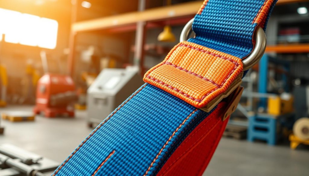 A close-up photorealistic image of a high-quality webbing sling, prominently displayed in the foreground. The sling should showcase its vibrant colors and sturdy fabric texture, highlighting the stitching and secure fastenings. In the middle ground, include a soft-focus background featuring industrial tools and equipment to suggest a setting of reliability and strength. Use warm, natural lighting to convey a sense of authenticity and trustworthiness, with the light softly reflecting off the sling’s surface to enhance its details. Capture the image from a slightly elevated angle to emphasize the sling's robustness while maintaining a professional atmosphere suitable for an article about quality assurance and product authenticity. A close-up photorealistic image of a high-quality webbing sling, prominently displayed in the foreground. The sling should showcase its vibrant colors and sturdy fabric texture, highlighting the stitching and secure fastenings. In the middle ground, include a soft-focus background featuring industrial tools and equipment to suggest a setting of reliability and strength. Use warm, natural lighting to convey a sense of authenticity and trustworthiness, with the light softly reflecting off the sling’s surface to enhance its details. Capture the image from a slightly elevated angle to emphasize the sling's robustness while maintaining a professional atmosphere suitable for an article about quality assurance and product authenticity.
