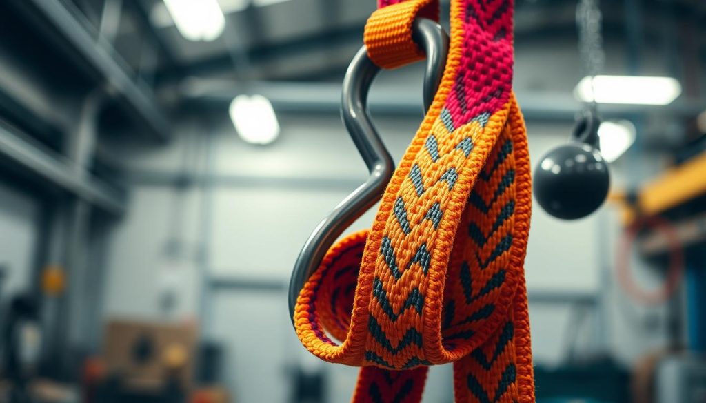 A close-up, photorealistic image of a high-quality webbing sling, showcasing its vibrant colors and intricate weaving patterns. The sling should be prominently displayed in the foreground against a soft-focus industrial background that hints at a workshop environment, conveying a sense of strength and durability. The lighting should be bright and even, highlighting the textures and flexibility of the material. Capture the sling draped artistically over a robust metal hook or similar equipment to illustrate its practical use. The atmosphere should feel professional and trustworthy, emphasizing the features of safety and longevity. The angle should be slightly elevated to provide a dynamic view of the sling's details.