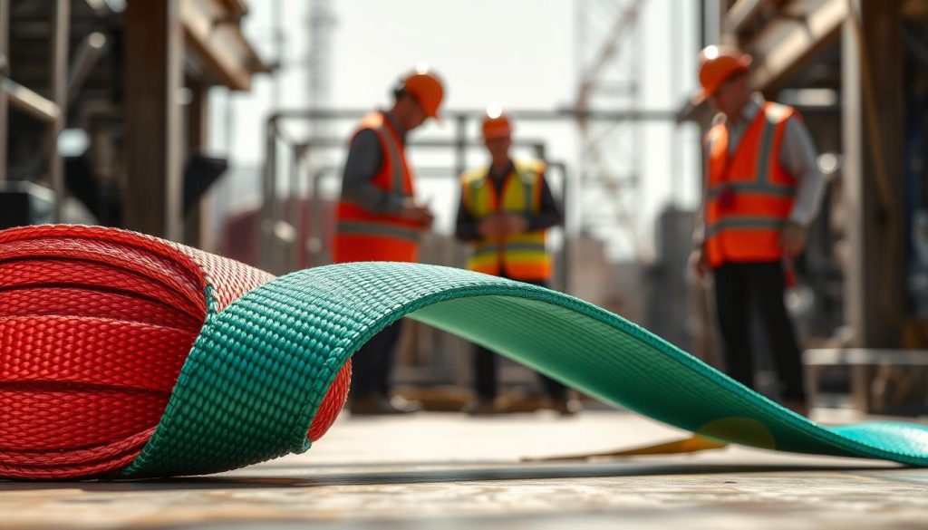 A close-up, photorealistic image of a high-quality webbing sling, showcasing its vibrant colors and strong, durable texture, set against a sleek, modern backdrop. In the foreground, the webbing sling is neatly coiled, emphasizing its flexibility and strength, while glimmers of light catch on its surface, illustrating its resistance to wear. In the middle ground, subtle shadows hint at industrial machinery, representing a work environment. The background features blurred silhouettes of construction workers dressed in professional attire, engaged in safe and careful operation, adding a touch of professionalism without drawing focus from the sling. The lighting is bright and clear, evoking a sense of reliability and quality. The overall mood reflects confidence in safety and efficiency. A close-up, photorealistic image of a high-quality webbing sling, showcasing its vibrant colors and strong, durable texture, set against a sleek, modern backdrop. In the foreground, the webbing sling is neatly coiled, emphasizing its flexibility and strength, while glimmers of light catch on its surface, illustrating its resistance to wear. In the middle ground, subtle shadows hint at industrial machinery, representing a work environment. The background features blurred silhouettes of construction workers dressed in professional attire, engaged in safe and careful operation, adding a touch of professionalism without drawing focus from the sling. The lighting is bright and clear, evoking a sense of reliability and quality. The overall mood reflects confidence in safety and efficiency.