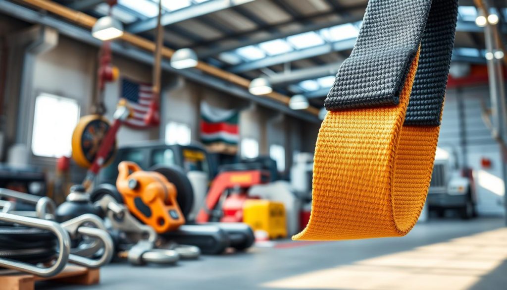 A close-up, photorealistic image of a strong, flexible webbing sling displayed prominently in the foreground, showcasing its fabric texture and vibrant colors. The middle ground features tools and equipment typically associated with webbing slings, such as hooks and pulleys, arranged in an organized manner, emphasizing their robust performance. In the background, a well-lit industrial setting suggests a workspace, with soft, natural lighting giving a sense of professionalism and reliability. The angle is slightly tilted downward to focus on the sling while capturing the environment, creating an atmosphere of strength and functionality. The overall mood conveys trustworthiness and quality, highlighting the features of the webbing sling without any distractions or text overlays.