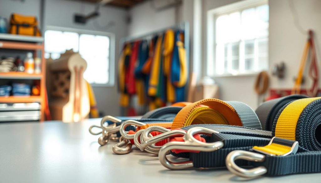 A close-up, photorealistic image of a variety of webbing slings displayed on a clean, bright workshop table. The foreground features several types of webbing slings, showcasing their different designs and end fittings, such as eye loops and hooks, with detailed textures and colors. The middle ground depicts an organized tool rack filled with additional types of slings for comparison. In the background, soft, natural lighting filters through a window, creating a warm and inviting atmosphere, highlighting the quality and durability of the materials. The focus is sharp on the slings, emphasizing their characteristics, conveying professionalism and craftsmanship, while maintaining a clean and simple composition.