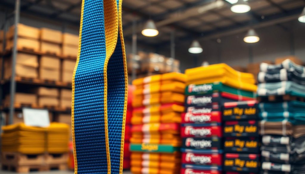 A close-up, photorealistic image of a vibrant webbing sling displayed prominently in the foreground. The sling is shown with its distinct, strong weave in bold colors, such as blue and yellow, highlighting its durability. In the middle ground, stacks of Technotex and Sagas brand webbing slings are neatly organized, emphasizing their variety and quality. The background is a softly blurred warehouse setting, with warm, natural lighting illuminating dust particles in the air, creating a professional atmosphere. The angle should be slightly tilted, focusing on the texture of the webbing slings while providing a sense of depth. The mood of the image is informative and inviting, suitable for showcasing high-quality products in a business context.
