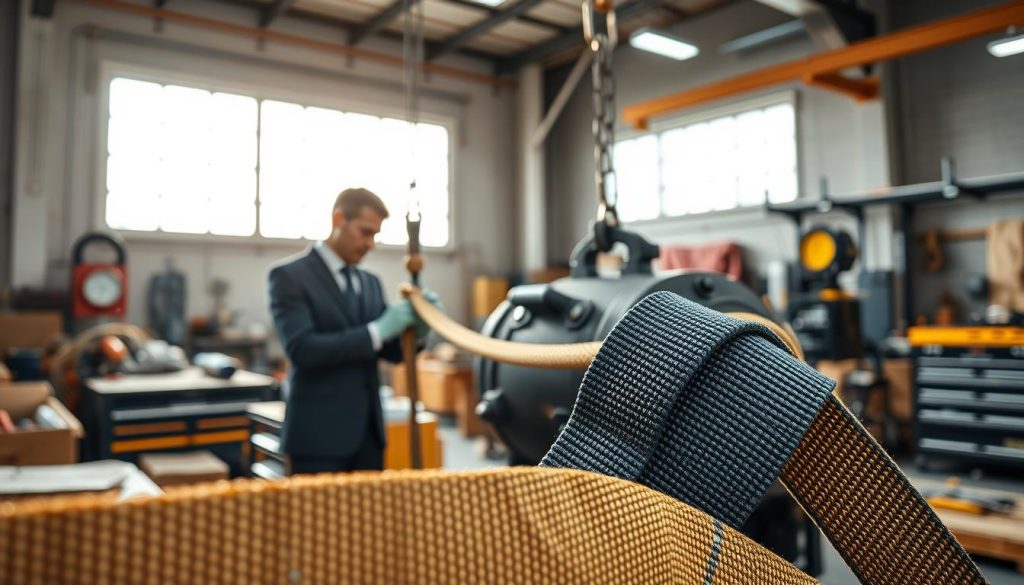 A close-up, photorealistic image of a webbing sling being used safely in a workshop setting. In the foreground, the sturdy webbing sling is clearly visible, showcasing its texture and color. In the middle ground, a technician in a professional business attire is wearing safety gloves, inspecting the sling's durability and attaching it to a heavy load with proper handling techniques. The background features a well-organized workshop with tools and equipment, illuminated by bright, natural lighting streaming through large windows, enhancing the sense of safety and professionalism. The atmosphere is focused and responsible, emphasizing the importance of proper usage and maintenance for longevity.