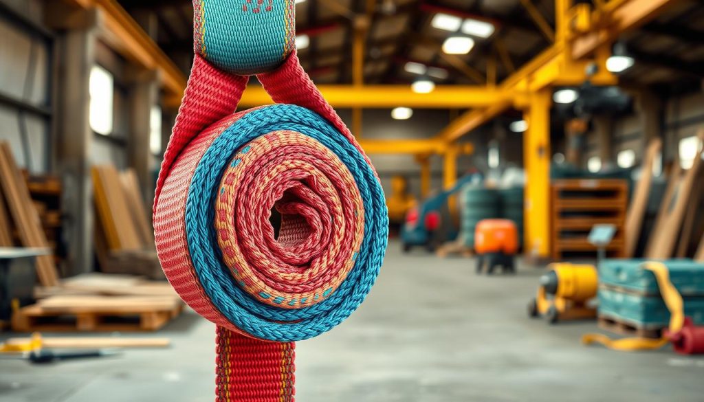 A close-up, photorealistic image of a webbing sling displayed prominently in the foreground, showcasing its vibrant colors and intricate weave patterns. The sling should be positioned against a textured background of a construction site, with tools and machinery subtly blurred in the middle ground, adding context without detracting from the main subject. Natural, soft lighting illuminates the sling, highlighting its durability and quality. In the background, an industrial warehouse setting can be seen, reinforcing its practical applications in lifting and securing heavy loads. The overall atmosphere should convey a sense of reliability and professionalism, ideal for showcasing products used in construction and lifting operations.