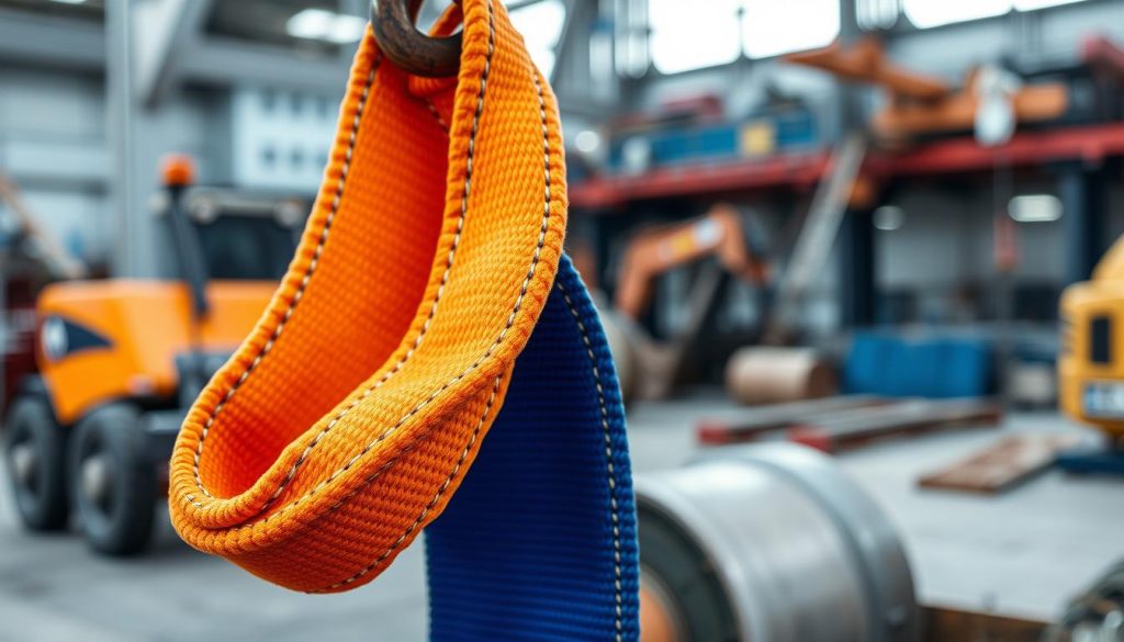A close-up, photorealistic image of a webbing sling made of high-quality, durable nylon material, showcasing its vibrant color and intricate stitching. The foreground captures the sling draped over a rugged metal hook, emphasizing its strength and reliability. In the middle ground, an industrial background features heavy machinery or a construction site, hinting at its practical applications. Soft, natural lighting enhances the textures of the sling, while a shallow depth of field keeps the focus on the sling itself. The angle is slightly from above, providing a clear view of the sling’s specifications like load capacity tags. The overall atmosphere is professional, emphasizing quality and safety in industrial environments. A close-up, photorealistic image of a webbing sling made of high-quality, durable nylon material, showcasing its vibrant color and intricate stitching. The foreground captures the sling draped over a rugged metal hook, emphasizing its strength and reliability. In the middle ground, an industrial background features heavy machinery or a construction site, hinting at its practical applications. Soft, natural lighting enhances the textures of the sling, while a shallow depth of field keeps the focus on the sling itself. The angle is slightly from above, providing a clear view of the sling’s specifications like load capacity tags. The overall atmosphere is professional, emphasizing quality and safety in industrial environments.