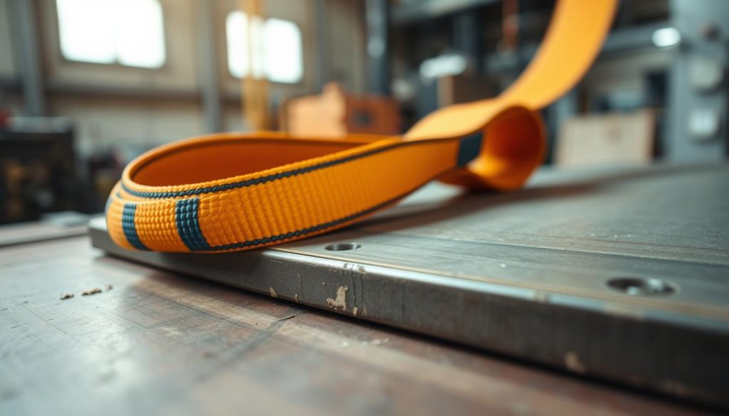 A close-up, photorealistic image of a webbing sling placed on top of a protective surface, demonstrating its function in minimizing wear and tear. The foreground features the textured webbing, showcasing its vibrant colors and durability. In the middle ground, a smooth, robust surface like a wooden or metal platform is clearly visible, with slight scratches and marks indicating previous use. The background consists of an industrial setting with soft, diffused lighting, creating a warm atmosphere. A shallow depth of field emphasizes the webbing and surface, making them the focal points. The overall mood is professional and functional, highlighting the importance of protective equipment in various applications, without any distractions.