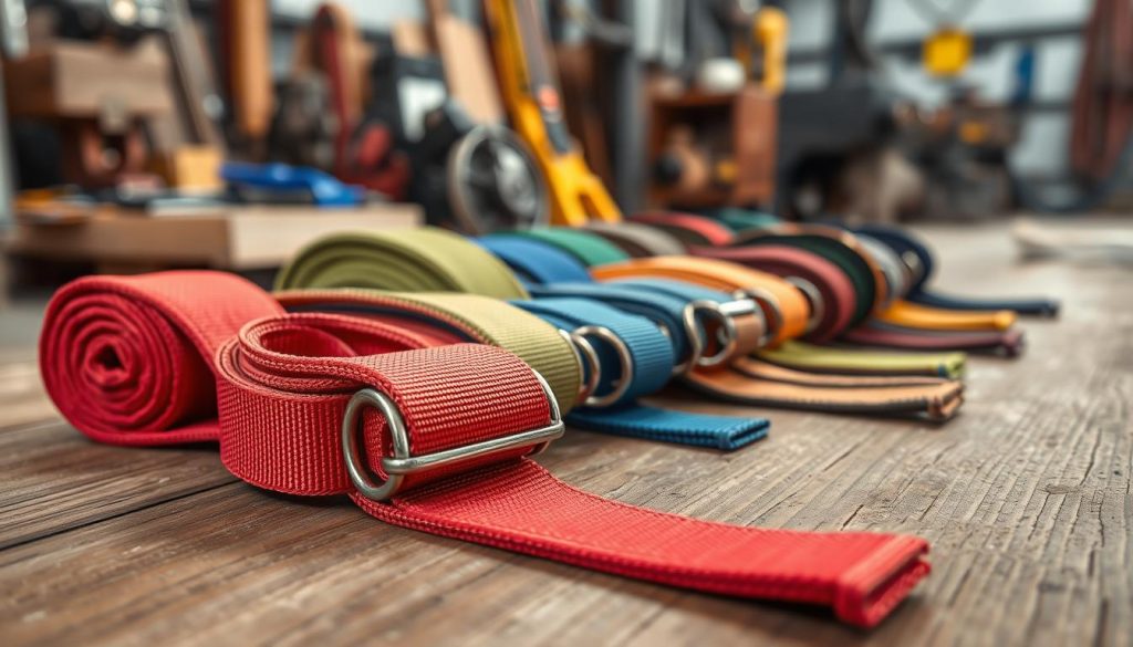 A close-up, photorealistic image of several webbing slings laid out on a textured wooden surface, showcasing different colors and widths. The foreground features a vibrant, heavy-duty webbing sling, displaying its stitching and strong, reinforced loops. In the middle ground, additional slings of varying lengths and capacities are neatly arranged, with variations in color indicating their types. The background consists of a blurred industrial setting with tools and equipment, suggesting a working environment. Soft, natural lighting highlights the textures of the webbing material, enhancing the sturdy yet flexible nature of the slings. The atmosphere conveys professionalism and reliability, suitable for showcasing quality products for sale.