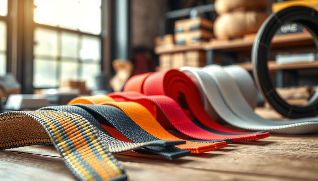 A close-up, photorealistic image of various types of webbing materials displayed on a wooden surface, emphasizing the texture and colors of nylon, polyester, polypropylene, and Kevlar. In the foreground, focus on a thick, durable nylon webbing with a vibrant color, showing its woven pattern in detail. In the middle ground, arrange several strips of polyester and polypropylene, illustrating their differing textures and weights, while a spool of Kevlar webbing sits nearby, glinting softly in the light. The background should feature a blurred industrial workspace, hinting at a professional environment. Natural sunlight streams in from a nearby window, casting soft shadows and creating a warm, inviting atmosphere that highlights the quality of the materials. A close-up, photorealistic image of various types of webbing materials displayed on a wooden surface, emphasizing the texture and colors of nylon, polyester, polypropylene, and Kevlar. In the foreground, focus on a thick, durable nylon webbing with a vibrant color, showing its woven pattern in detail. In the middle ground, arrange several strips of polyester and polypropylene, illustrating their differing textures and weights, while a spool of Kevlar webbing sits nearby, glinting softly in the light. The background should feature a blurred industrial workspace, hinting at a professional environment. Natural sunlight streams in from a nearby window, casting soft shadows and creating a warm, inviting atmosphere that highlights the quality of the materials.
