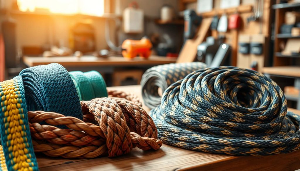 A close-up, photorealistic image of various types of webbing slings displayed on a wooden workbench. In the foreground, highlight different weaving patterns of slings—flat, round, and twisted—showcasing their colors and textures. The middle ground features a set of slings coiled neatly, emphasizing their strength and durability. The background has a softly blurred industrial setting with tools and equipment, bathed in warm, natural light to create an inviting yet professional atmosphere. The angle should be slightly top-down, capturing depth while maintaining focus on the intricate details of the slings. The overall mood is informative and engaging, aiming to highlight the craftsmanship behind the webbing slings without any textual distractions.