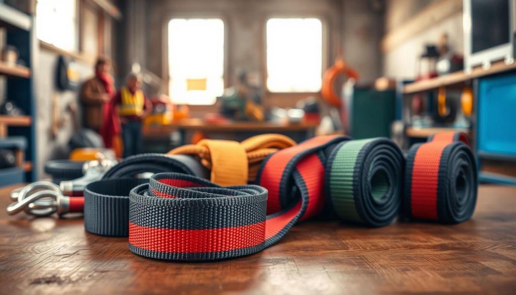 A close-up, photorealistic image of various webbing slings displayed prominently on a wooden table. In the foreground, focus on a premium-quality webbing sling with vibrant colors, showing its tough texture and sturdy stitching. Surrounding it are other slings in different sizes and colors, illustrating variety. The middle ground features a blurred background of a well-lit workshop with tools and safety equipment, enhancing the industrial theme. Natural light streams in from a nearby window, casting soft shadows and creating a warm, inviting atmosphere. The image conveys a sense of trust and reliability, emphasizing the quality and affordability of webbing slings in Blitar.