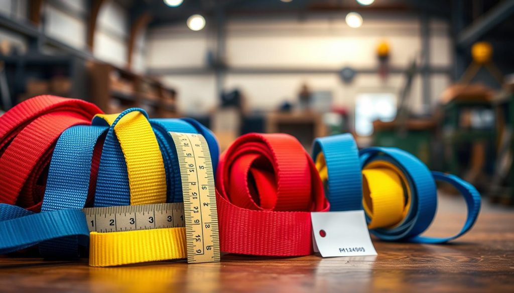 A close-up view of a colorful array of webbing slings displayed on a wooden table. In the foreground, there are several high-quality slings in vibrant colors such as red, blue, and yellow, with clear texture and stitching details showcased. The middle ground features a measuring tape and a price tag next to one of the slings, emphasizing the focus on price. In the background, a blurred industrial setting with soft, warm lighting creates an inviting atmosphere, hinting at a workshop or storage area. The image should convey professionalism and quality, with a shallow depth of field to draw attention to the slings. The overall mood is informative and engaging, ideal for showcasing the value of webbing slings. A close-up view of a colorful array of webbing slings displayed on a wooden table. In the foreground, there are several high-quality slings in vibrant colors such as red, blue, and yellow, with clear texture and stitching details showcased. The middle ground features a measuring tape and a price tag next to one of the slings, emphasizing the focus on price. In the background, a blurred industrial setting with soft, warm lighting creates an inviting atmosphere, hinting at a workshop or storage area. The image should convey professionalism and quality, with a shallow depth of field to draw attention to the slings. The overall mood is informative and engaging, ideal for showcasing the value of webbing slings.