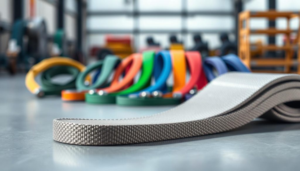A close-up view of a flat tubular webbing sling, showcasing its texture and structure in vibrant detail. The foreground features the sling lying on a solid surface, illuminated by soft, natural lighting to highlight the woven fiber patterns. In the middle ground, display multiple slings of varying lengths and colors, neatly arranged to demonstrate their versatility. The background should be subtly blurred, suggesting an industrial setting with faint outlines of machinery or racks to provide context. The overall mood is professional and informative, emphasizing the quality and practicality of the webbing slings. The image should be photorealistic with high definition, capturing the essence of webbing slings effectively. A close-up view of a flat tubular webbing sling, showcasing its texture and structure in vibrant detail. The foreground features the sling lying on a solid surface, illuminated by soft, natural lighting to highlight the woven fiber patterns. In the middle ground, display multiple slings of varying lengths and colors, neatly arranged to demonstrate their versatility. The background should be subtly blurred, suggesting an industrial setting with faint outlines of machinery or racks to provide context. The overall mood is professional and informative, emphasizing the quality and practicality of the webbing slings. The image should be photorealistic with high definition, capturing the essence of webbing slings effectively.